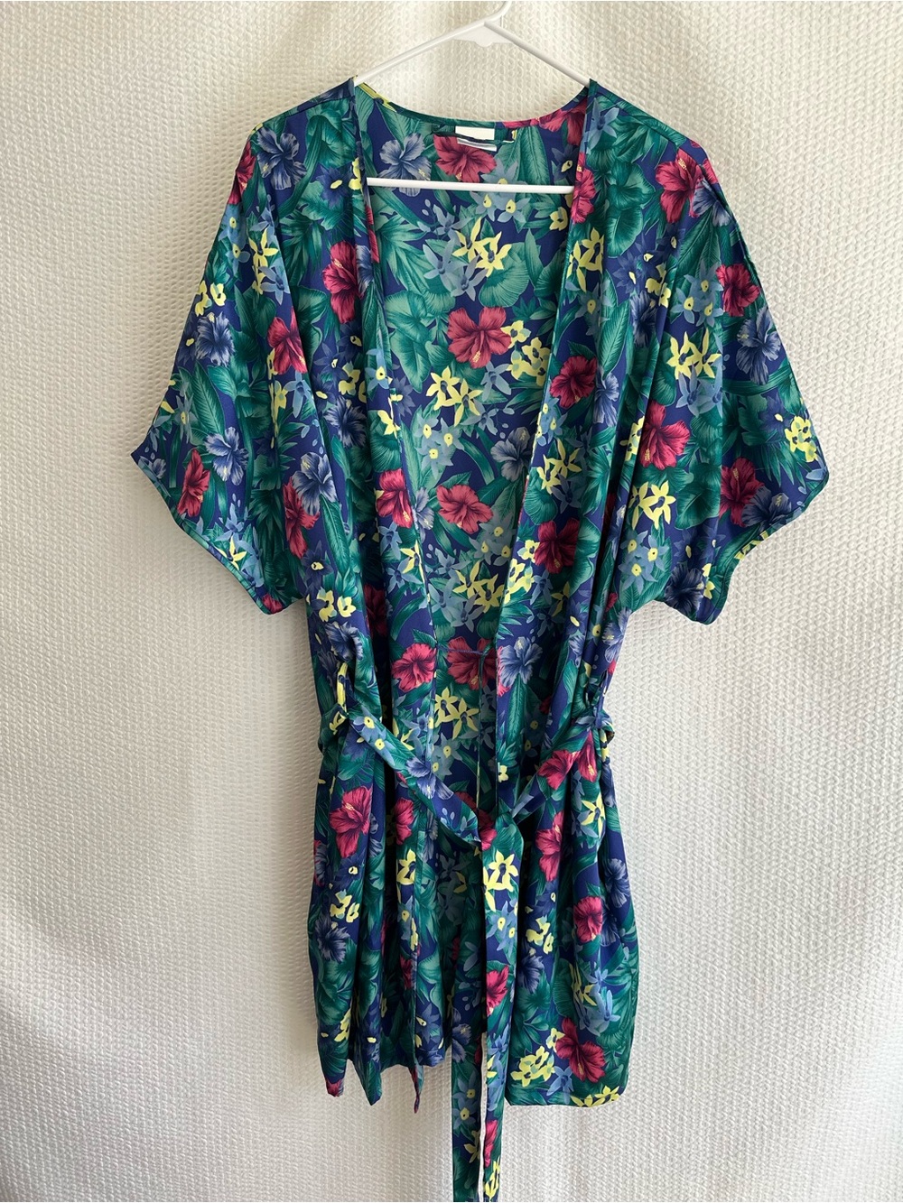 CABERNET Floral Satin Robe Blue Green Pink Kimono Belted Sleepwear Medium